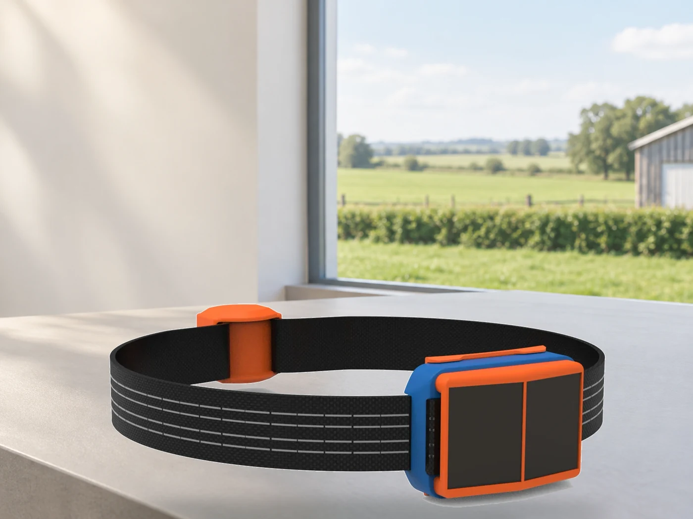 Fullanim C006 solar-powered GPS collar with its front surfaces and complete strap visible