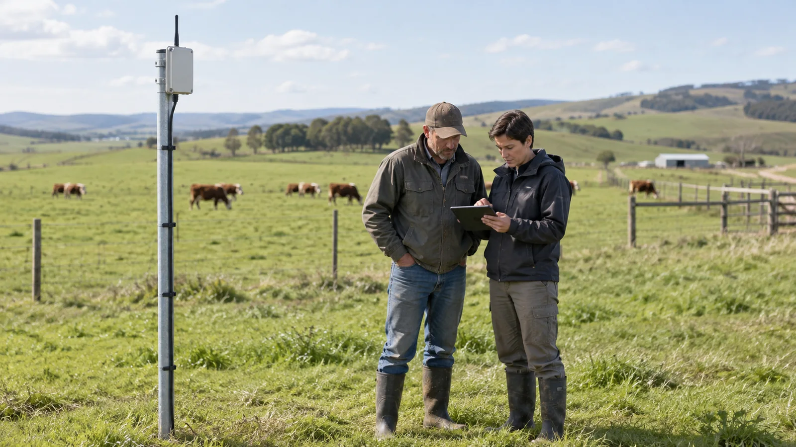 Illustrative pasture deployment scene with a gateway and two people reviewing a tablet